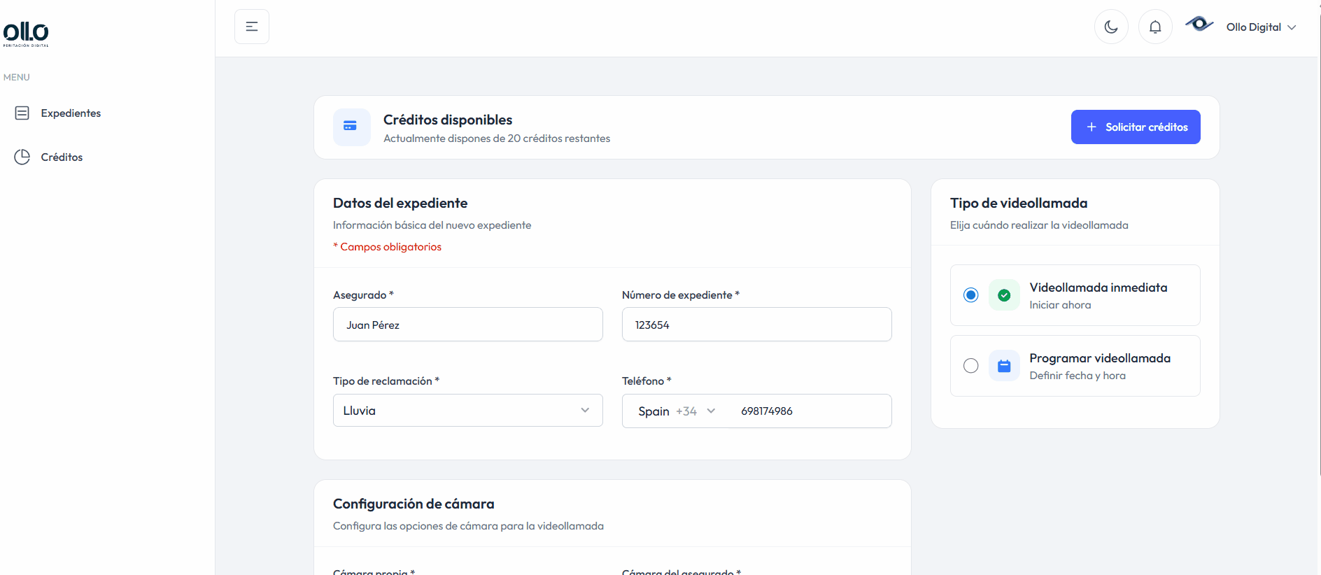 Case file creation form in Ollo Digital